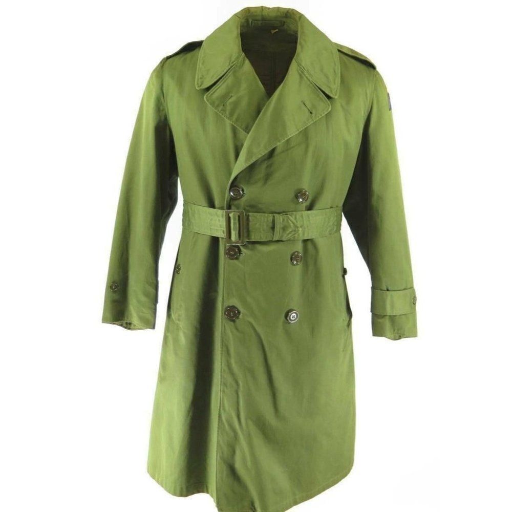 Vintage 50s US Army Overcoat M Short Green Military OG107 Wool Liner Belt Pocket